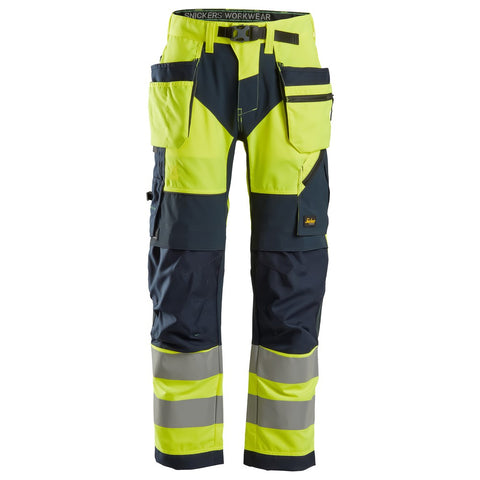 Snickers 6932 FlexiWork HighVis werkbroek+ holsterzakken - HighVisYellow/Navy